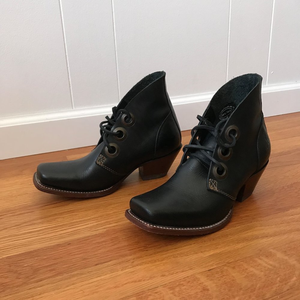 John Fluevog Black Leather Lace Up Boots